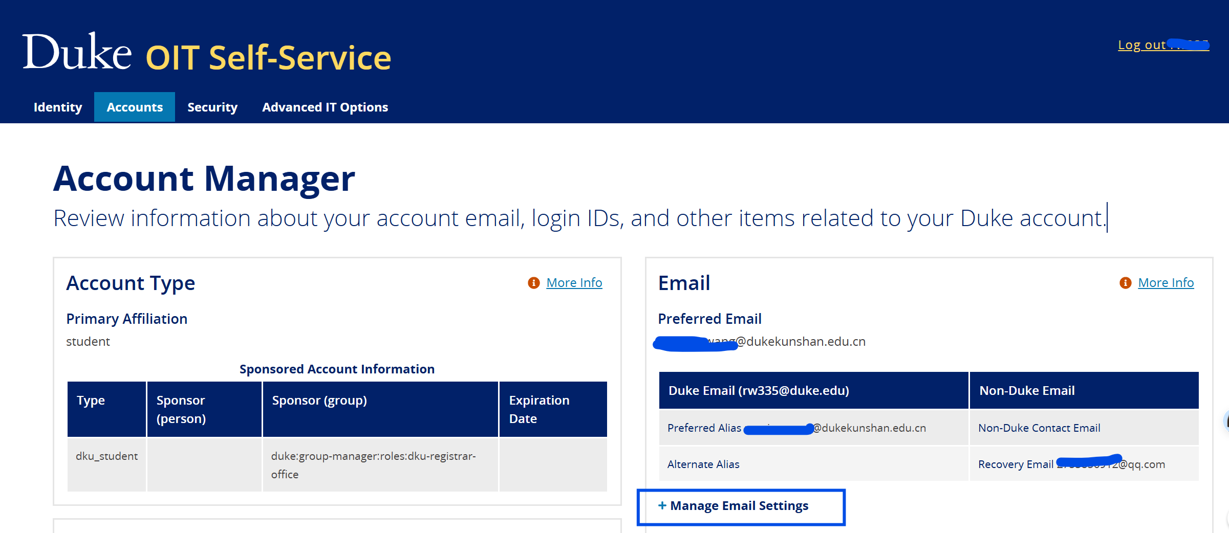 Self-Service 的 Manage Email Settings 入口